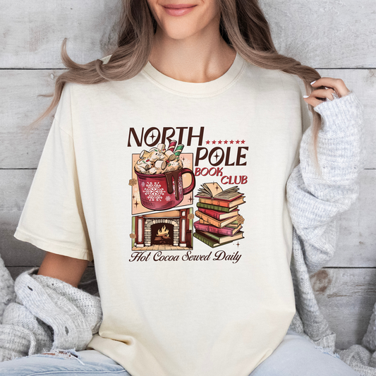 Festive North Pole Book Club Comfort Colors Shirt, Hot Cocoa & Books Holiday Tee, Cozy Gift for Christmas Book Lovers