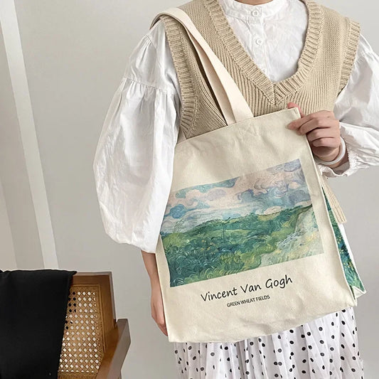 Van Gogh Art Tote Bag – Vintage Canvas Shoulder Bag with Zipper, Large Capacity, Eco-Friendly Casual Handbag