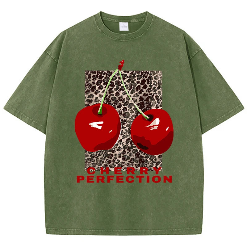 Cherry Leopard Graphic Tee – Vintage Washed Oversized T-Shirt