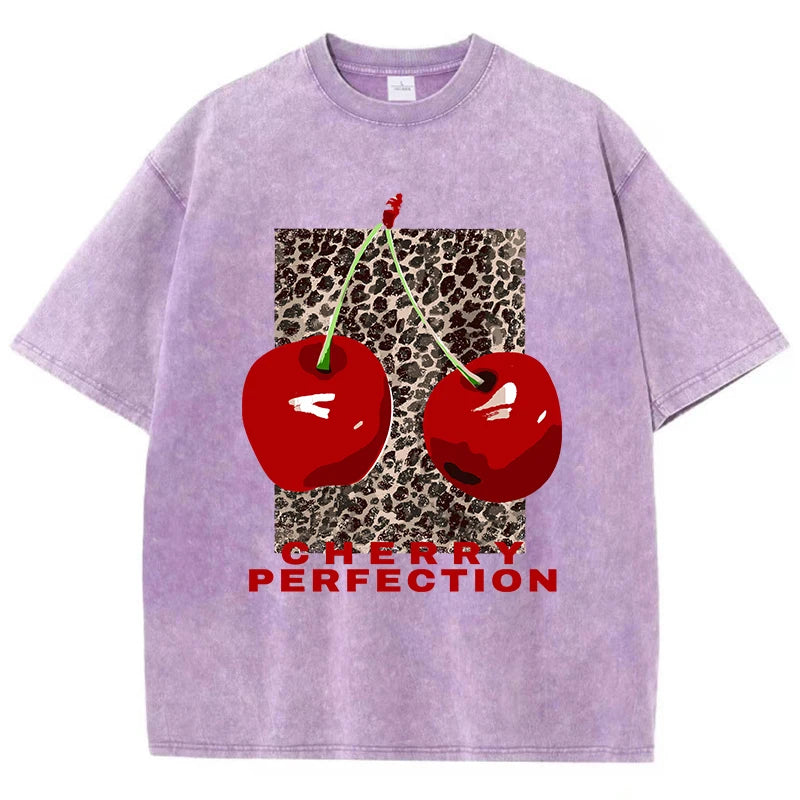 Cherry Leopard Graphic Tee – Vintage Washed Oversized T-Shirt