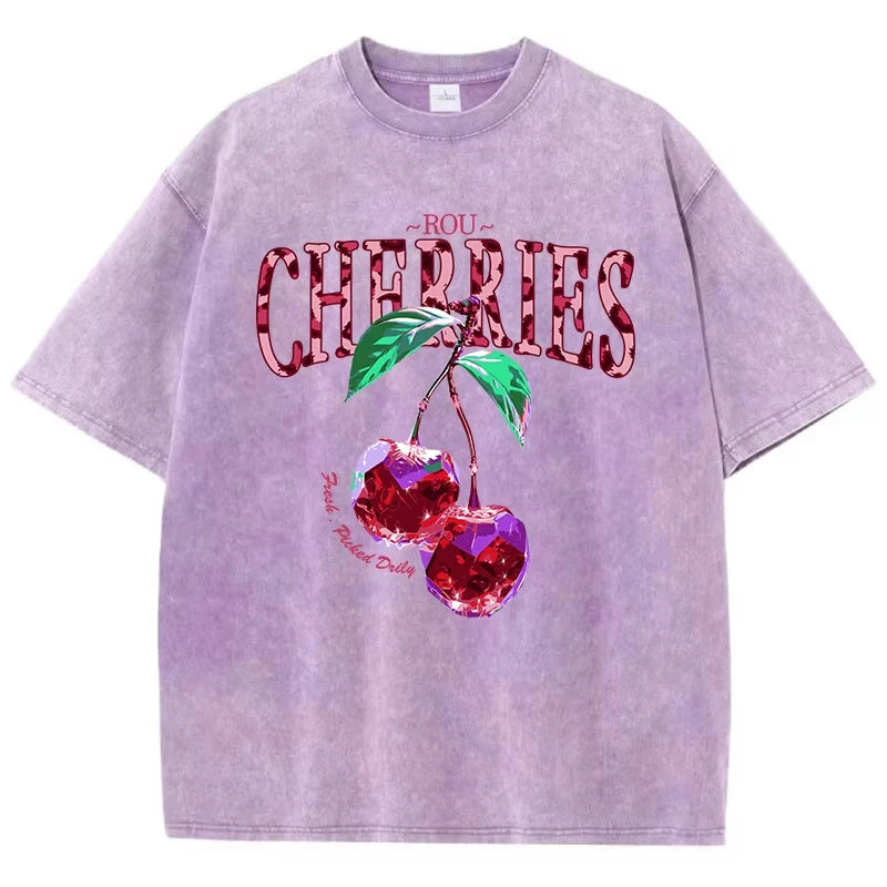 Cherry Leopard Graphic Tee – Vintage Washed Oversized T-Shirt