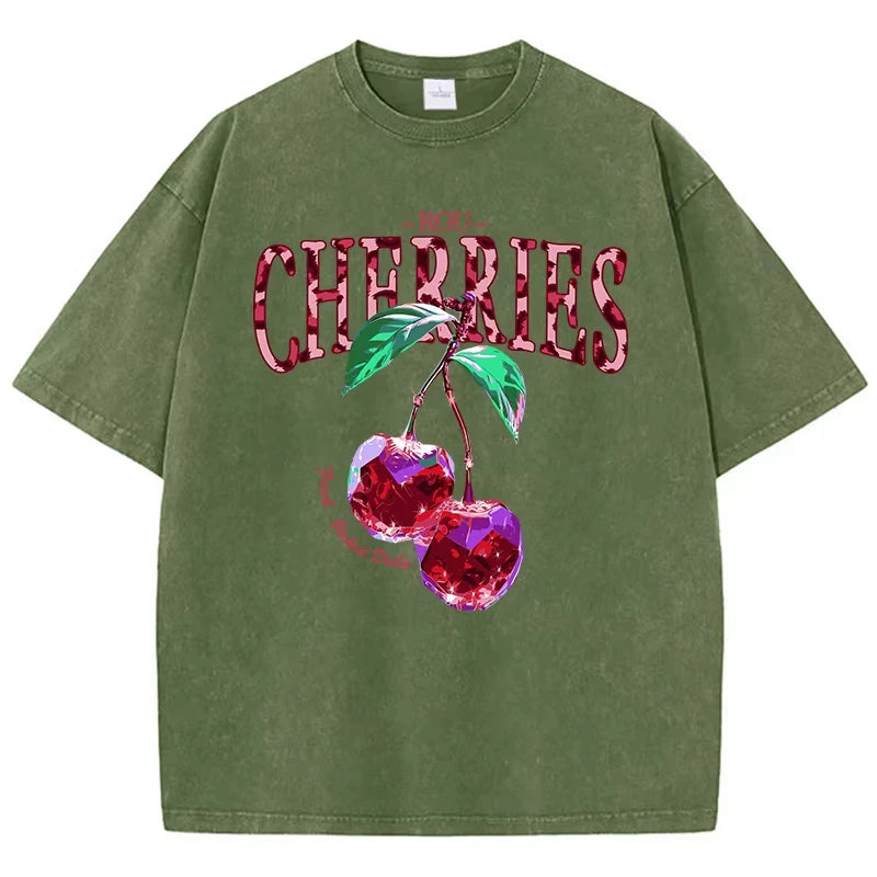 Cherry Leopard Graphic Tee – Vintage Washed Oversized T-Shirt