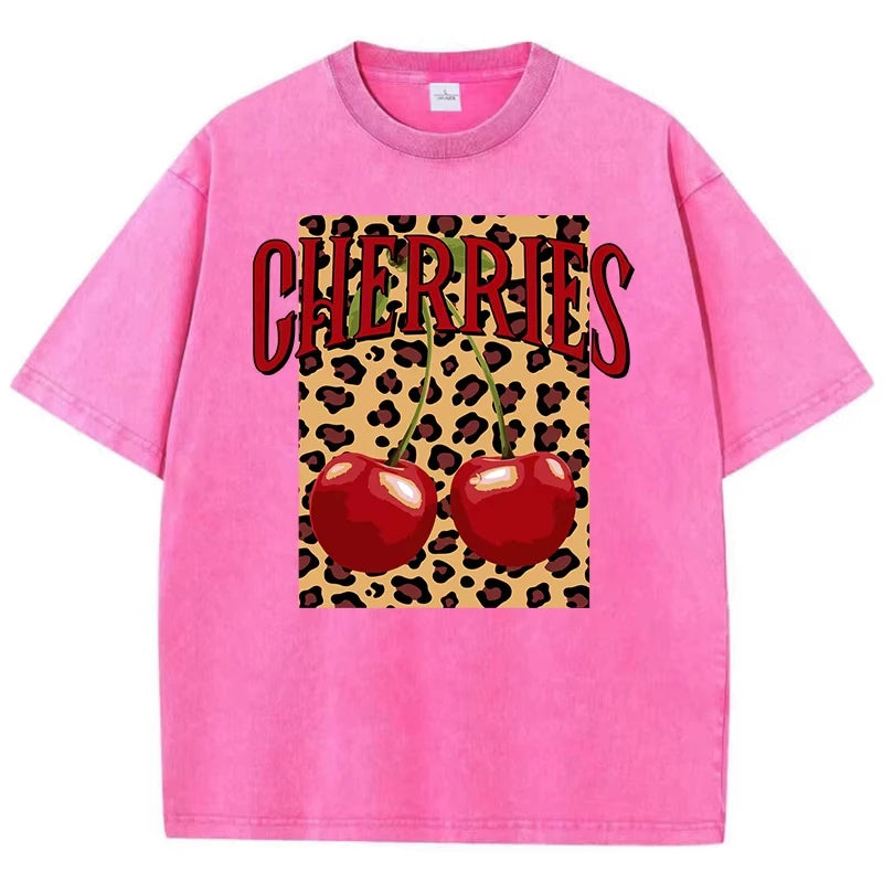 Cherry Leopard Graphic Tee – Vintage Washed Oversized T-Shirt