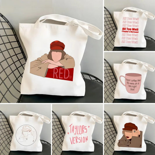 Taylor’s Version “RED” Canvas Tote Bag – Foldable Eco Shopping Bag with Cartoon Print for Swifties